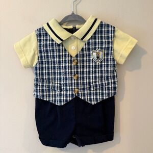 B.T. Kids Baby Boy Golf Club Plaid Vest Romper Navy Yellow 3-6 Months 714152